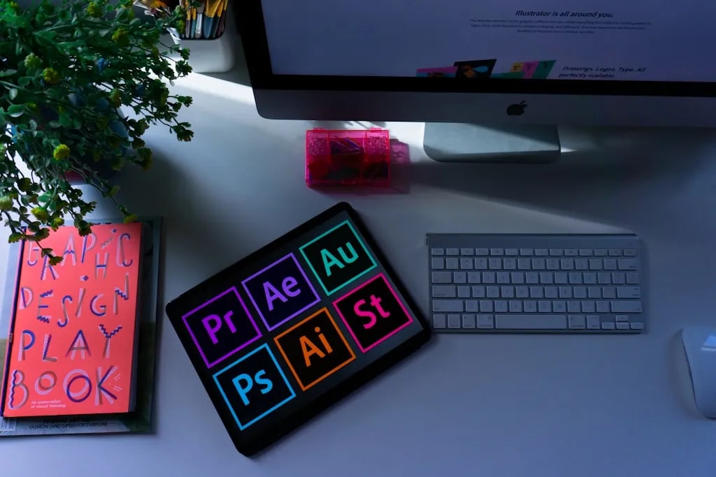 Brand design materials with color swatches and logos